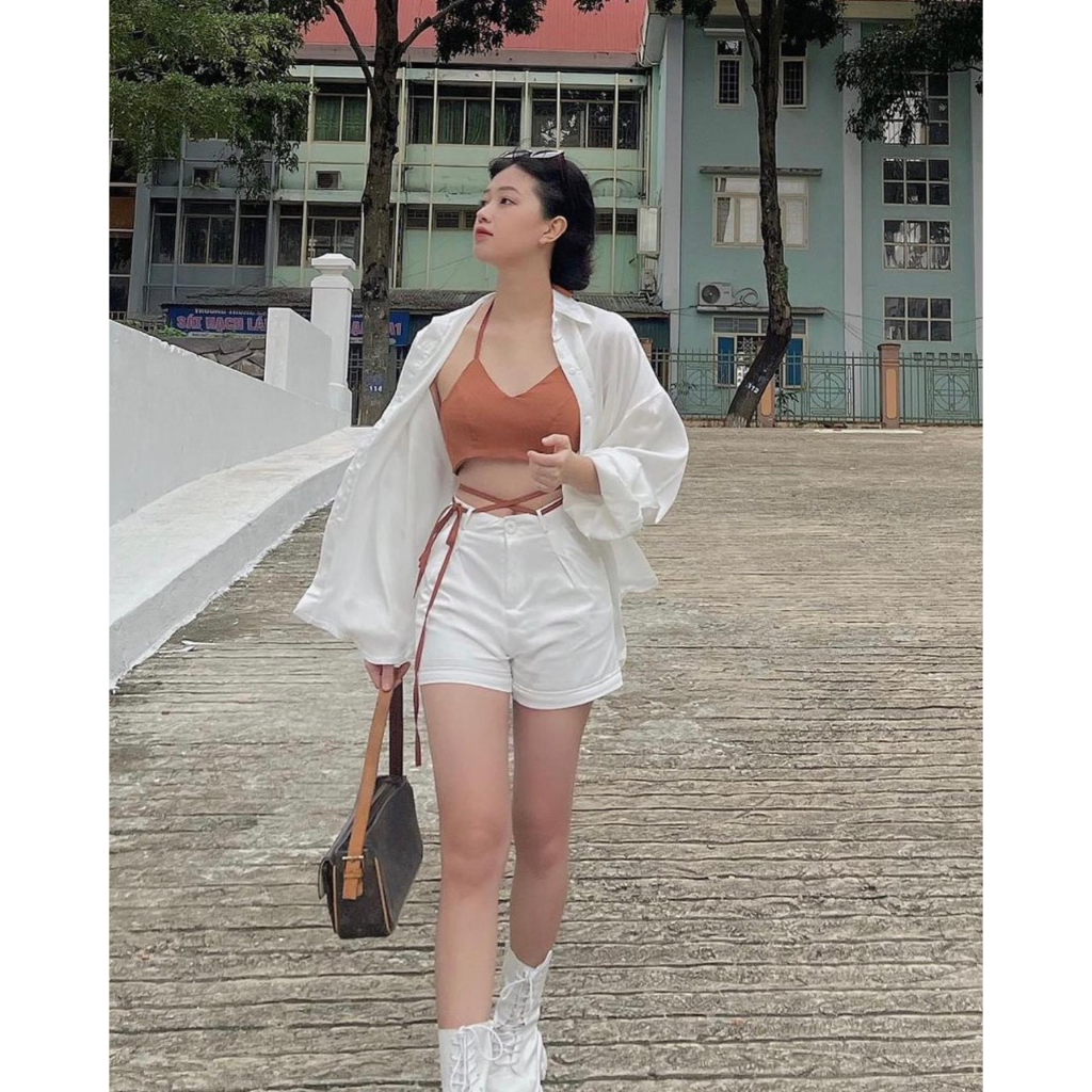 SET 3 MÓN: ÁO BRA CAM DÂY CHÉO BỤNG + ÁO SƠ MI TRẮNG + QUẦN SHORT TRẮNG