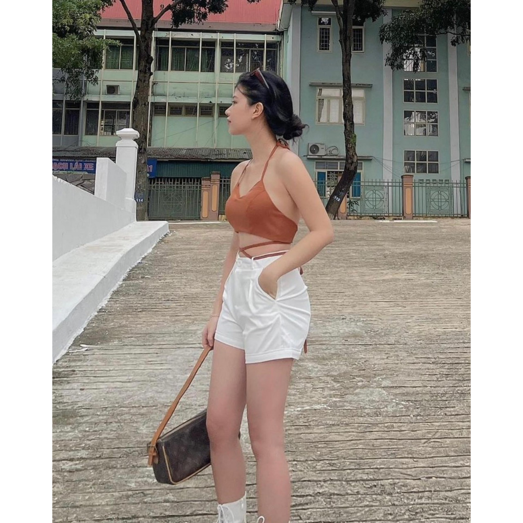 SET 3 MÓN: ÁO BRA CAM DÂY CHÉO BỤNG + ÁO SƠ MI TRẮNG + QUẦN SHORT TRẮNG