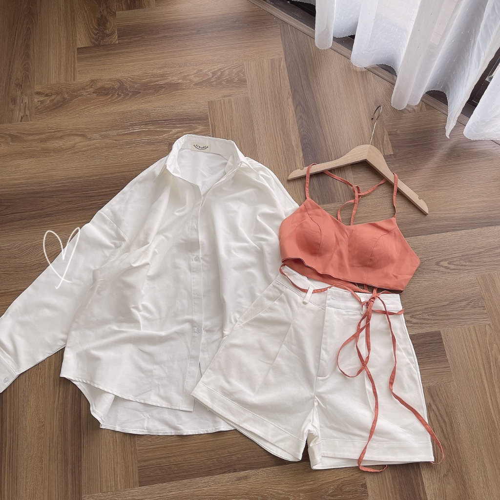 SET 3 MÓN: ÁO BRA CAM DÂY CHÉO BỤNG + ÁO SƠ MI TRẮNG + QUẦN SHORT TRẮNG