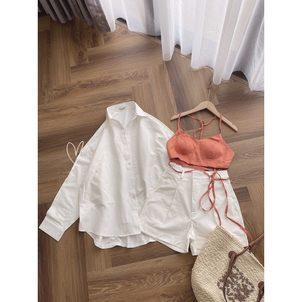 SET 3 MÓN: ÁO BRA CAM DÂY CHÉO BỤNG + ÁO SƠ MI TRẮNG + QUẦN SHORT TRẮNG
