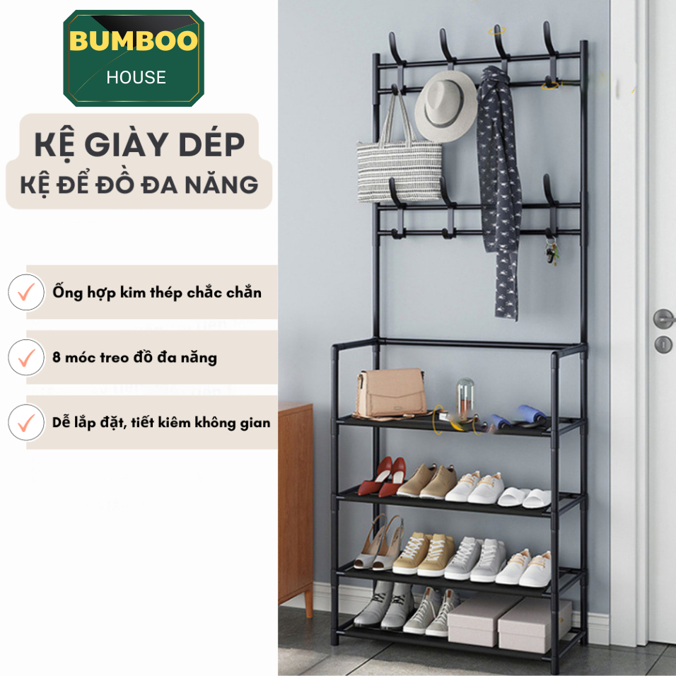 Kệ để giày dép chữ L 2 màu, thiết kế treo đồ đa năng lắp ghép 4 tầng tặng kèm 8 móc treo, chất liệu thép chịu lực tốt