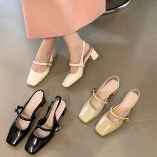 Giày sandal nữ mũi vuông quai ngang hở gót đế cao 5cm