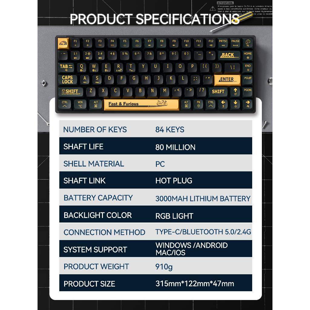 Bàn phím cơ không dây bluetooth Calstone Roadster F84 Gateron Switches Full Key HotSwap