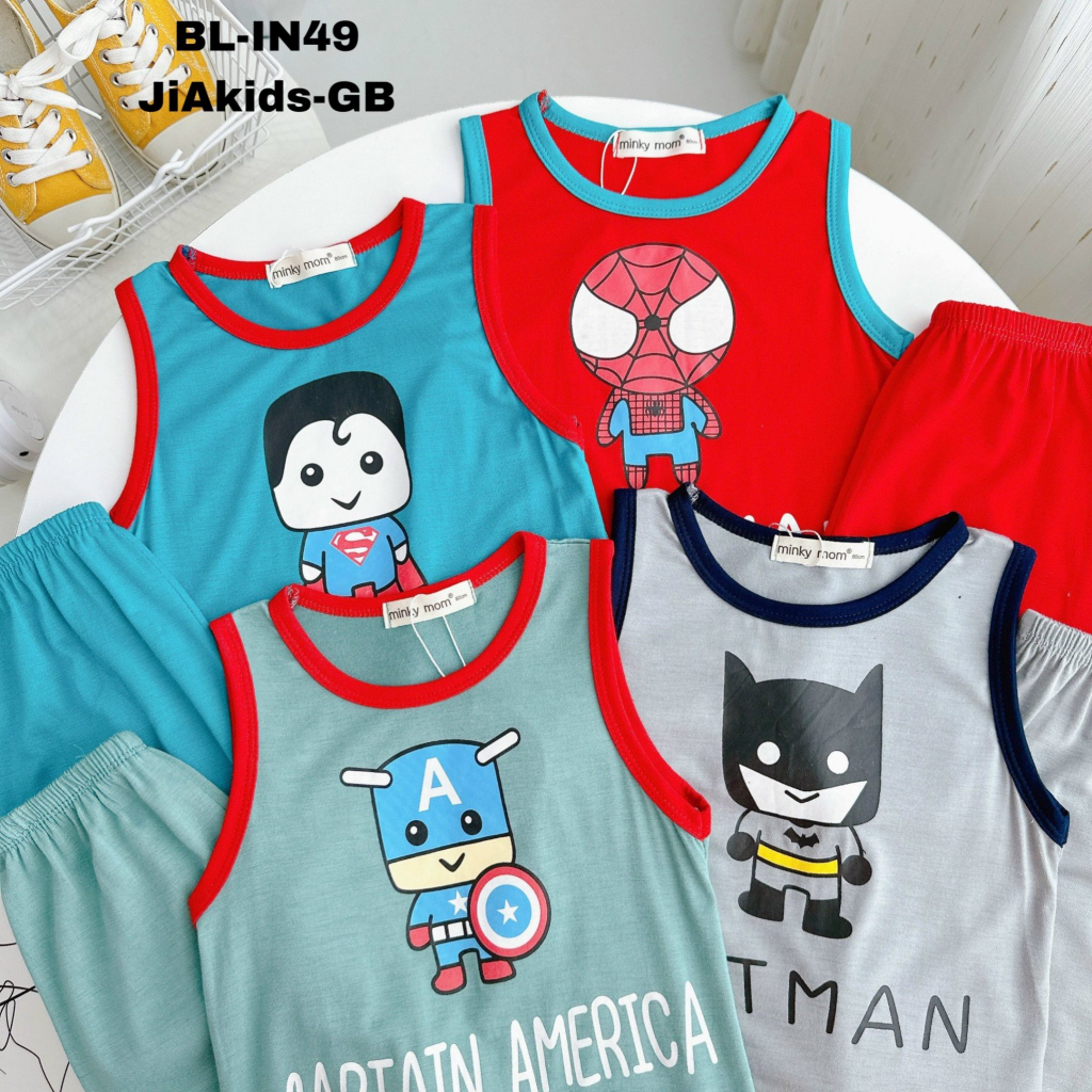 Bộ thun lạnh ba lỗ siêu nhân cho bé trai, vải mềm mát, in hình các siêu anh hùng siêu ngầu