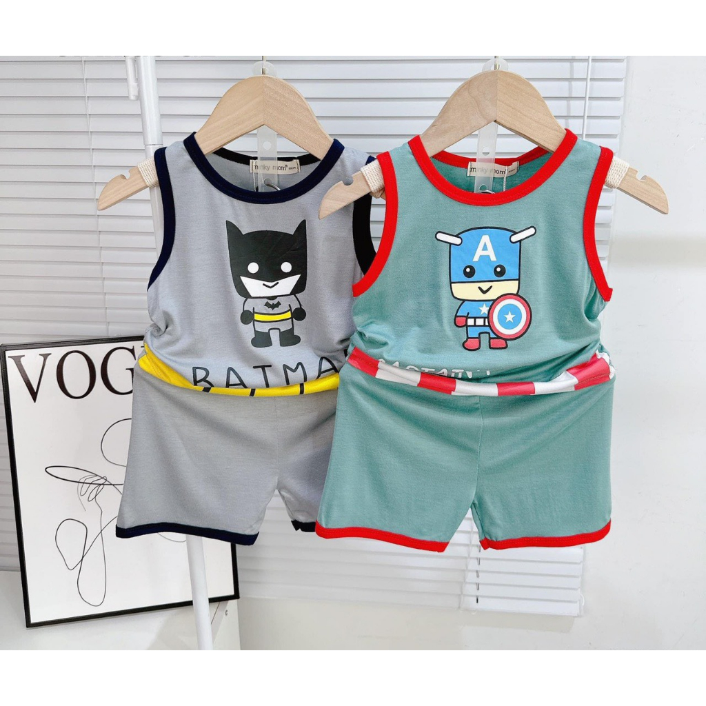 Bộ thun lạnh ba lỗ siêu nhân cho bé trai, vải mềm mát, in hình các siêu anh hùng siêu ngầu
