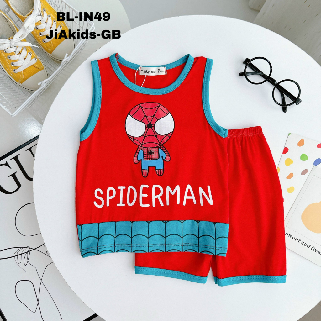 Bộ thun lạnh ba lỗ siêu nhân cho bé trai, vải mềm mát, in hình các siêu anh hùng siêu ngầu