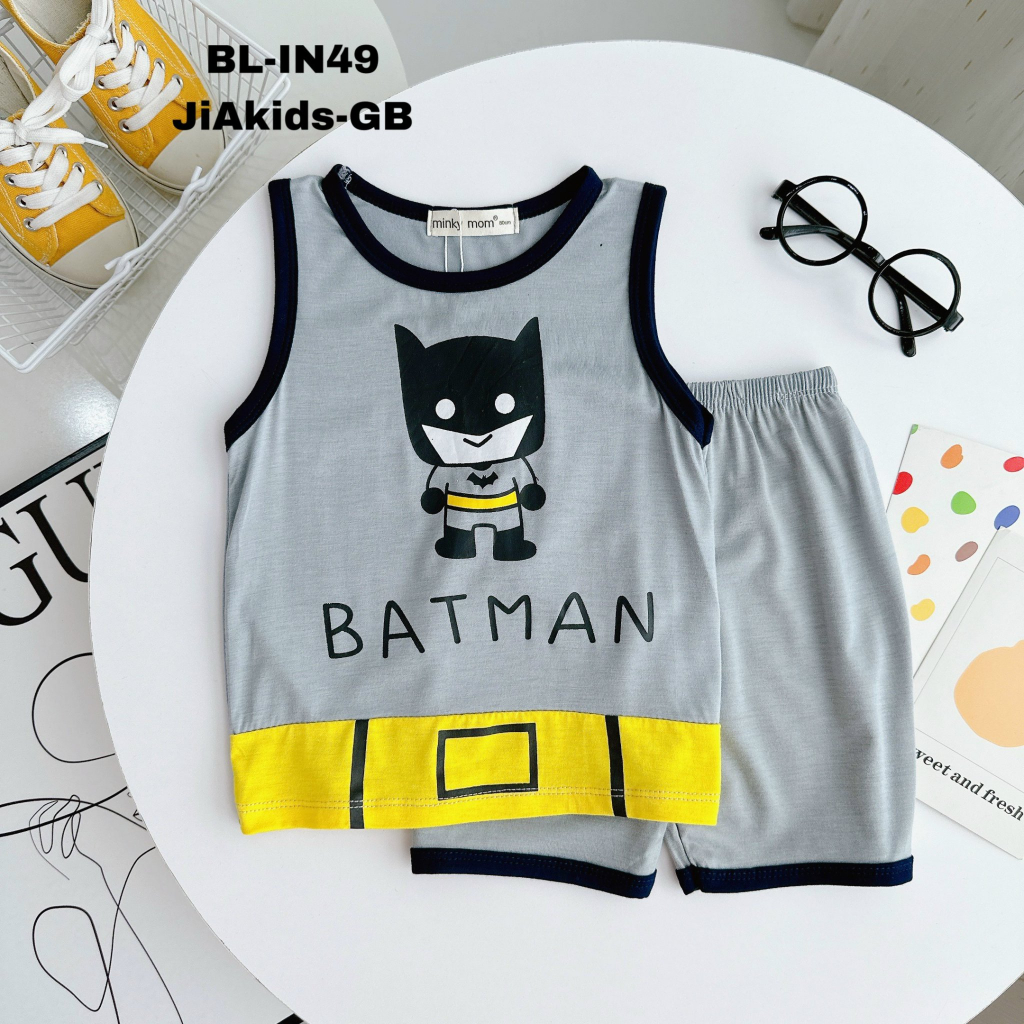 Bộ thun lạnh ba lỗ siêu nhân cho bé trai, vải mềm mát, in hình các siêu anh hùng siêu ngầu