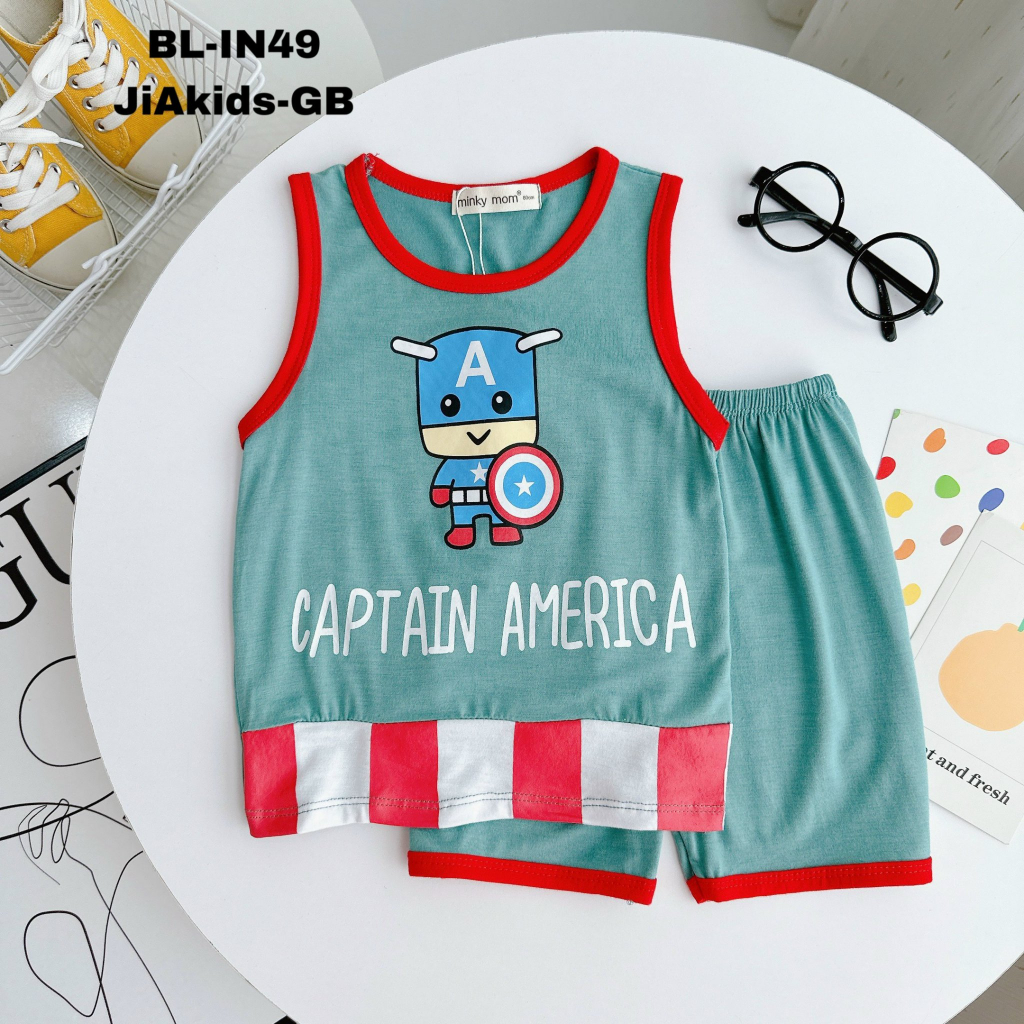 Bộ thun lạnh ba lỗ siêu nhân cho bé trai, vải mềm mát, in hình các siêu anh hùng siêu ngầu