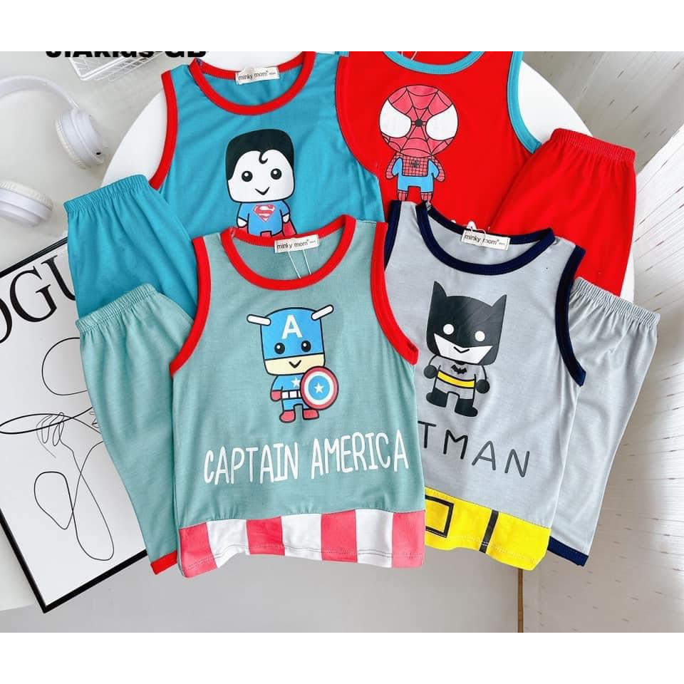 Bộ thun lạnh ba lỗ siêu nhân cho bé trai, vải mềm mát, in hình các siêu anh hùng siêu ngầu