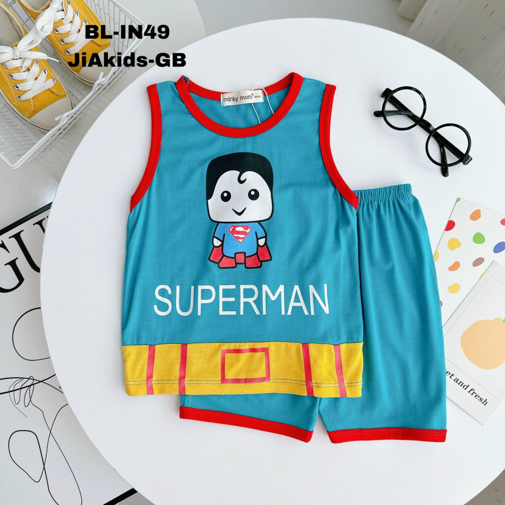 Bộ thun lạnh ba lỗ siêu nhân cho bé trai, vải mềm mát, in hình các siêu anh hùng siêu ngầu