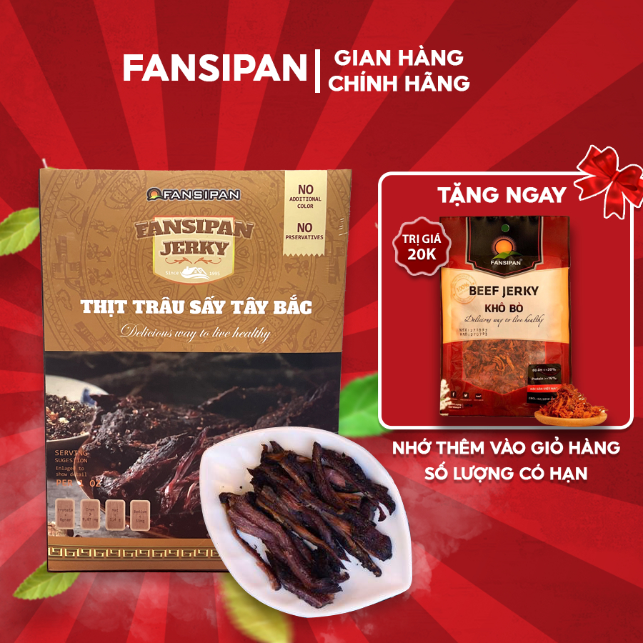 Thịt Trâu Sấy Tây Bắc Fansipan Hộp 200g Tặng Kèm Chẩm Chéo Tiện Lợi Đậm Vị