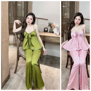 Đồ Bộ, Đồ Ngủ Áo 2 Dây Nơ Xẻ Tà Giữa có mút ngực Quần Dài Chất Lụa Latin Mịn Mượt Freesize