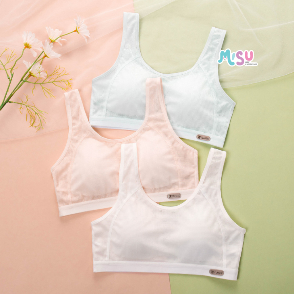 Áo lá bra học sinh chất cotton mặt lưới thoáng khí, hai dây to bản có đệm mút cho bé gái mới lớn Misu AL10