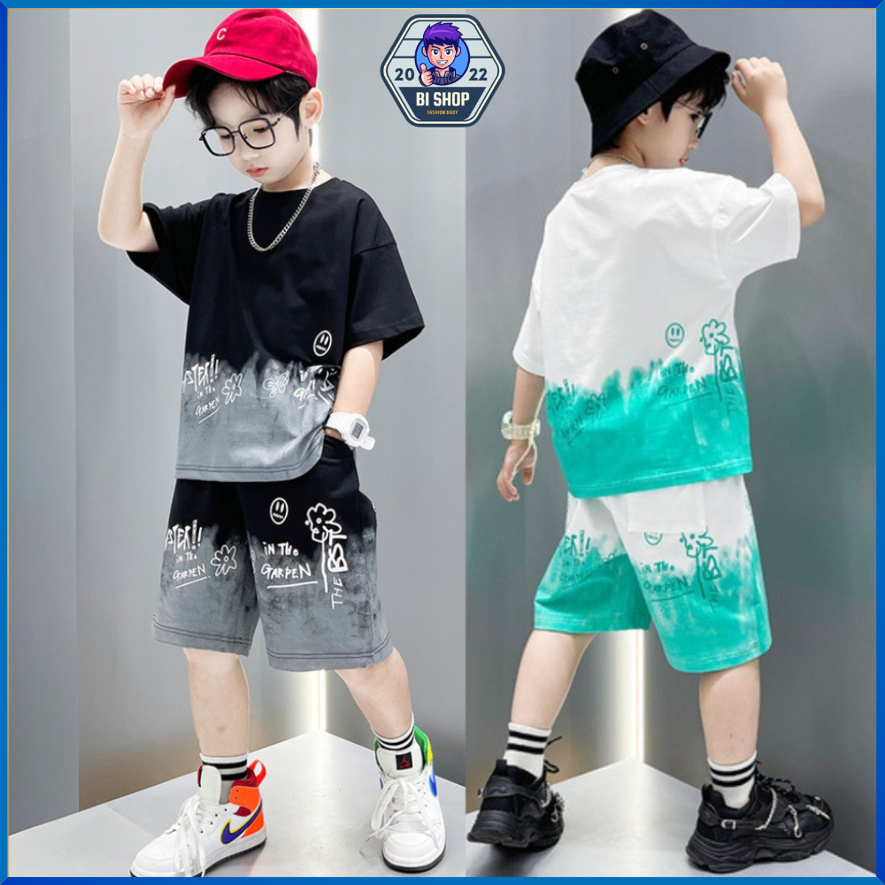Đồ Bộ Bé Trai 20-55kg Cộc Tay In Hình Cá Tính phong cách Hàn Quốc set quần áo trẻ em 5-15 tuổi Hottrend mùa hè 2023
