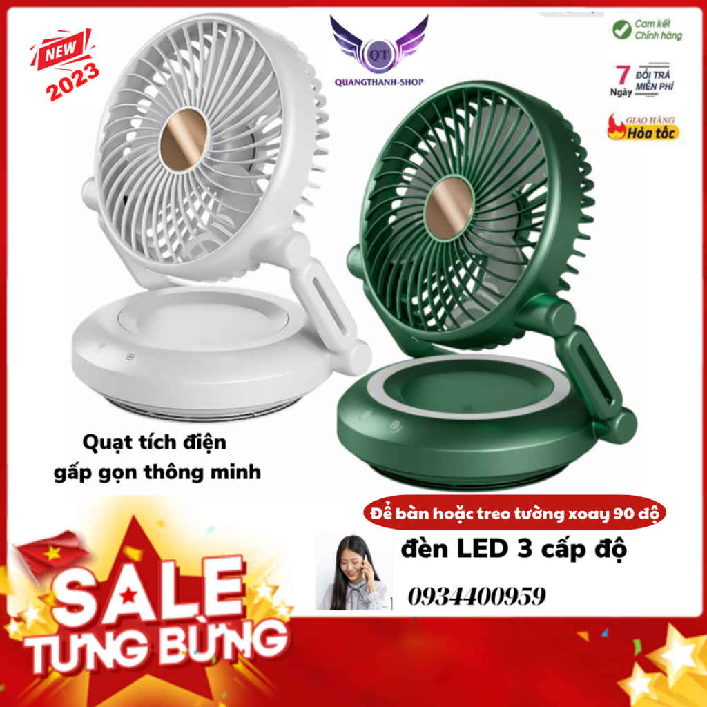Quạt Mini Để Bàn Tích Điện - Quạt Điều Hòa USB Cầm Tay Có Thể Gập Lại - Tích Hợp Đèn LED