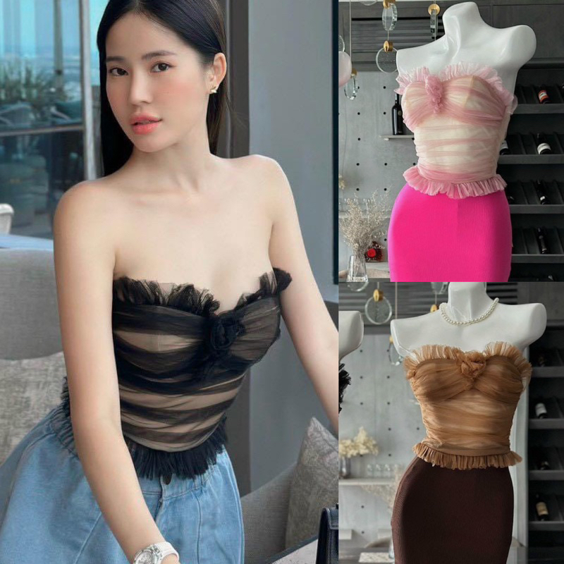 Áo Ống Lưới Cúp Viền Bèo Khuôn Đính Bông Hoa Lót Borip