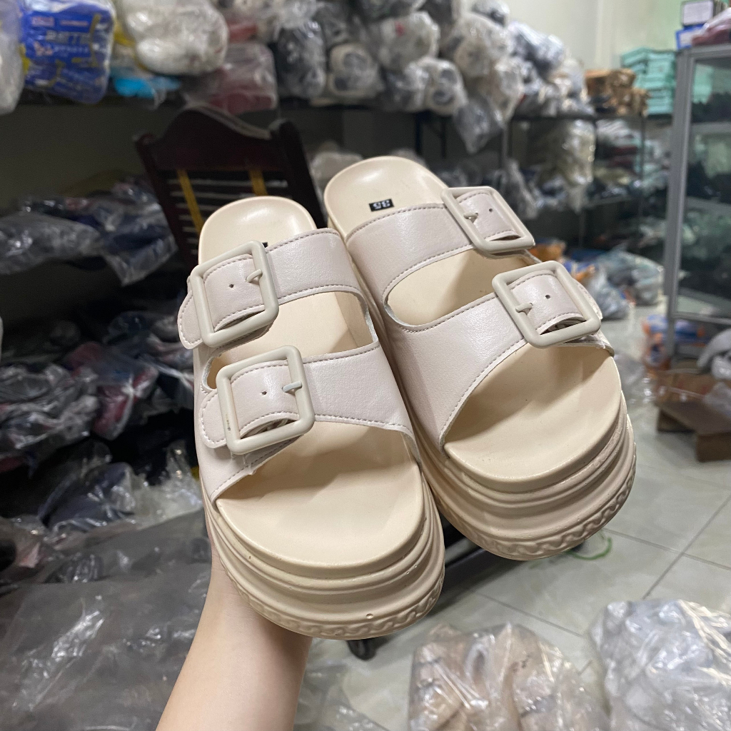 Dép nữ quai ngang độn đế 7cm, quai da cài khuy, siêu nhẹ, êm chân, chống trơn trượt