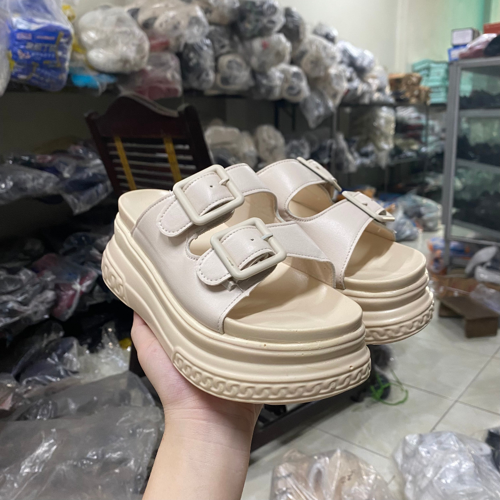 Dép nữ quai ngang độn đế 7cm, quai da cài khuy, siêu nhẹ, êm chân, chống trơn trượt