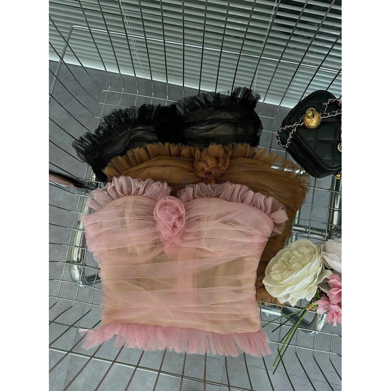 Áo Ống Lưới Cúp Viền Bèo Khuôn Đính Bông Hoa Lót Borip