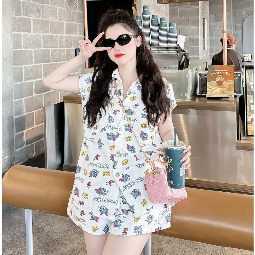 Sét Bộ Đùi Jean Tom and Jerrry Áo Vai Chờm Cổ Sơ Mi Phối Quần Short Cạp Chun Dáng Thể Thao,Chất Kaki Bò Mềm #Huyền shop