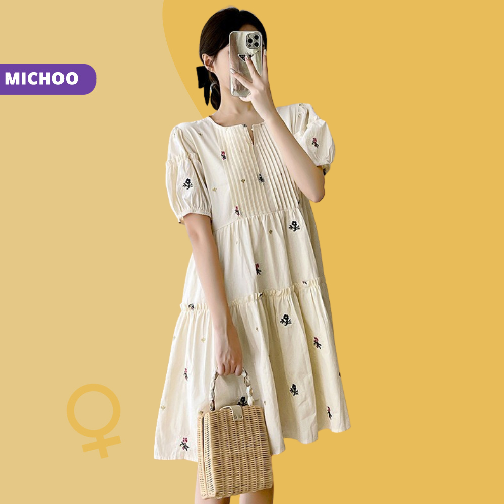 Đầm Váy Suông MICHOO Thêu Hoa Nhẹ Nhàng Chất Mát Mặc Mùa Hè Đi Biển