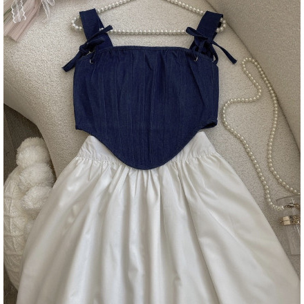 Set áo croptop corset denim có đệm ngực trơn kèm chân váy kaki thô mềm dáng dài 95cm, phong cách tiểu thư nhẹ nhàng SB01
