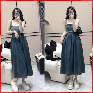 Váy bò 2 dây dáng dài chun sau xếp ly ngực chất liệu mềm - Đầm jean hai dây nữ