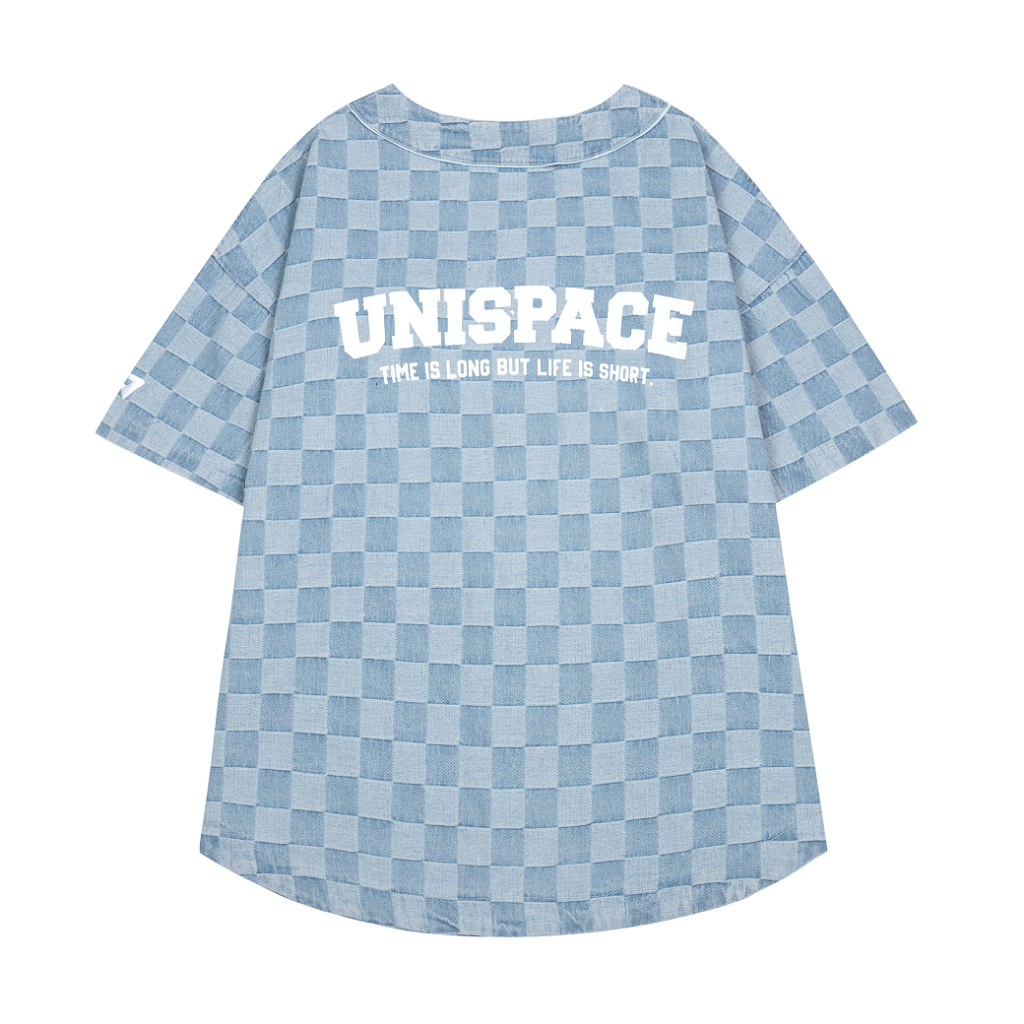 Áo bóng chày local brand By Unispace tay lỡ form rộng unisex nam nữ Denim Checker