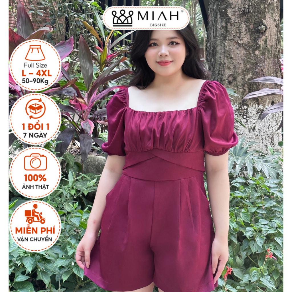 Set Jumpsuit Suzie nữ bigsize cổ vuông vải chéo hàn nhún ngực liền quần chiết eo nơ phía sau đi chơi cafe MIAH BIGSIZE