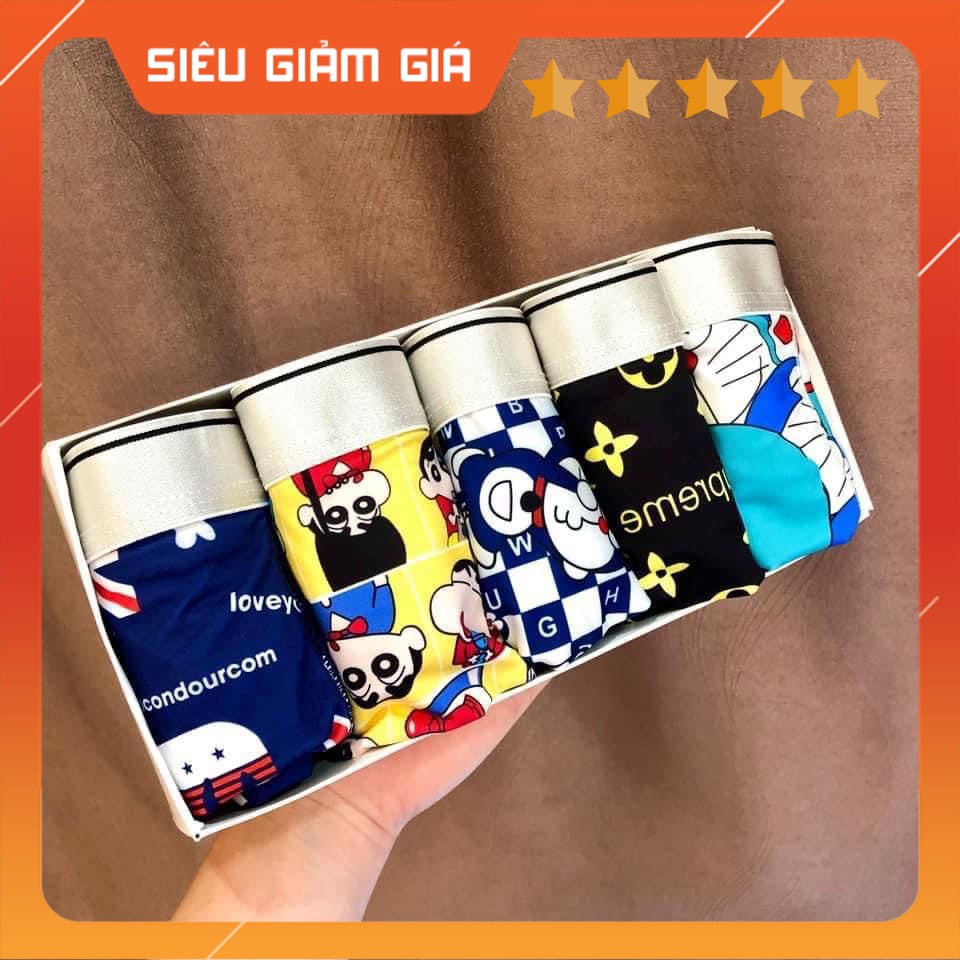 Hộp 5 quần lót đùi họa tiết nam thun lạnh cao cấp co dãn 4 chiều, hút mồ hôi, cusin, doremon...[Giao hàng Ngẫu Nhiên]