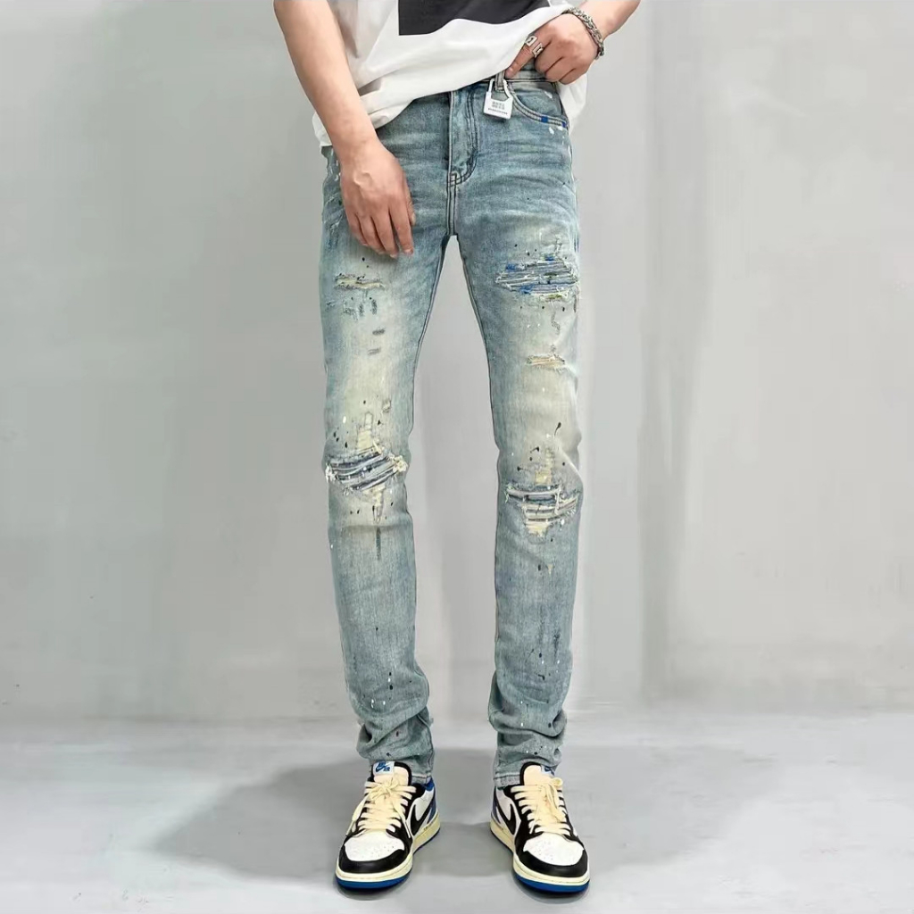 Quần Jean Nam  Màu Xanh Rách Ô Vuông Gối ,Quần Bò Nam Co Giãn Chuẩn Đẹp Phong Cách Hàn Quốc