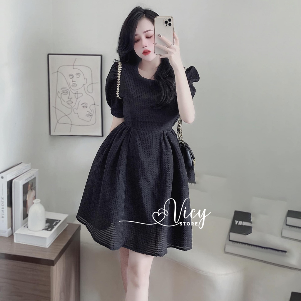 Đầm xòe dự tiệc đính đá vai dáng ngắn, váy tiểu thư bồng đơn giản đi tiệc đi chơi Vicy DCUOM01