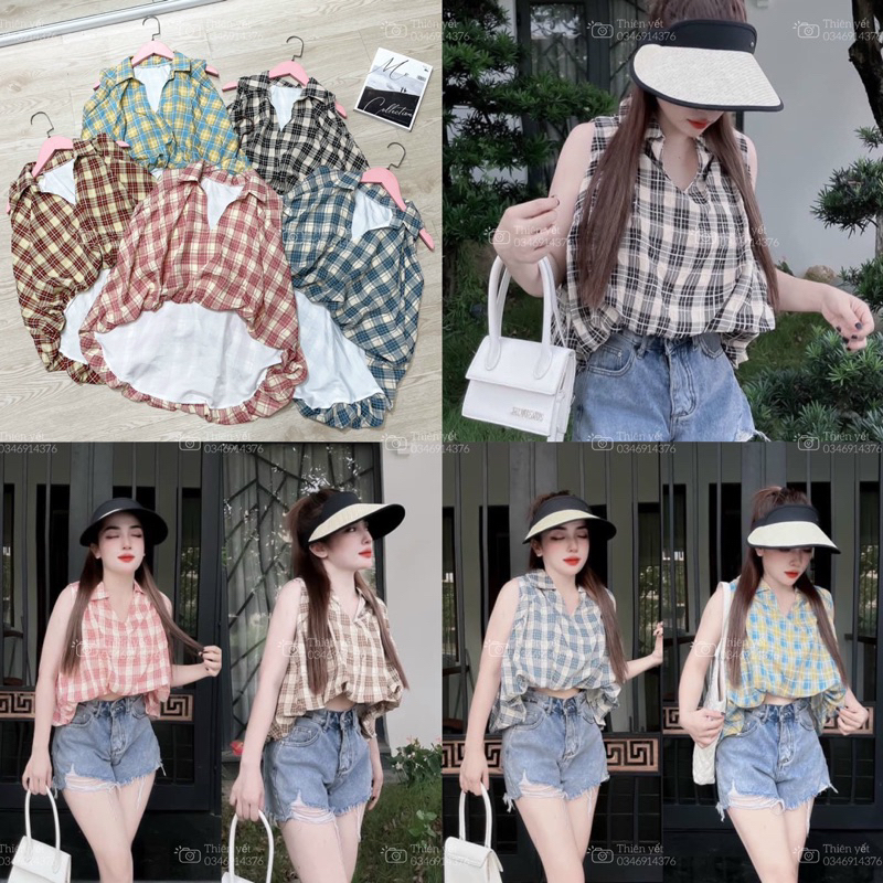 Áo sơ mi croptop BÍ CARO XÁC NÁCH ( hình thật ) UN nữ - Thiên Yết