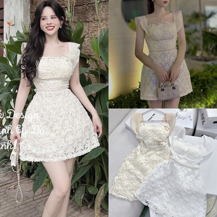 ĐẦM TIỆC REN CỔ U SUÔNG TRƠN VÁY CHỮ A XÒE NGẮN TAY CÁNH TIÊN TRẮNG KEM ĐI BIỂN DẠO PHỐ ĐI CHƠI