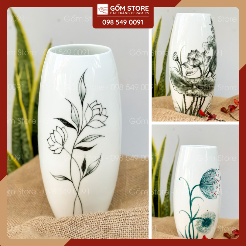 Lọ hoa Decor, Bình hoa sứ Bát Tràng, Bình cắm hoa trang trí dáng bom men trắng khử nhiều mẫu mã - Gốm Store
