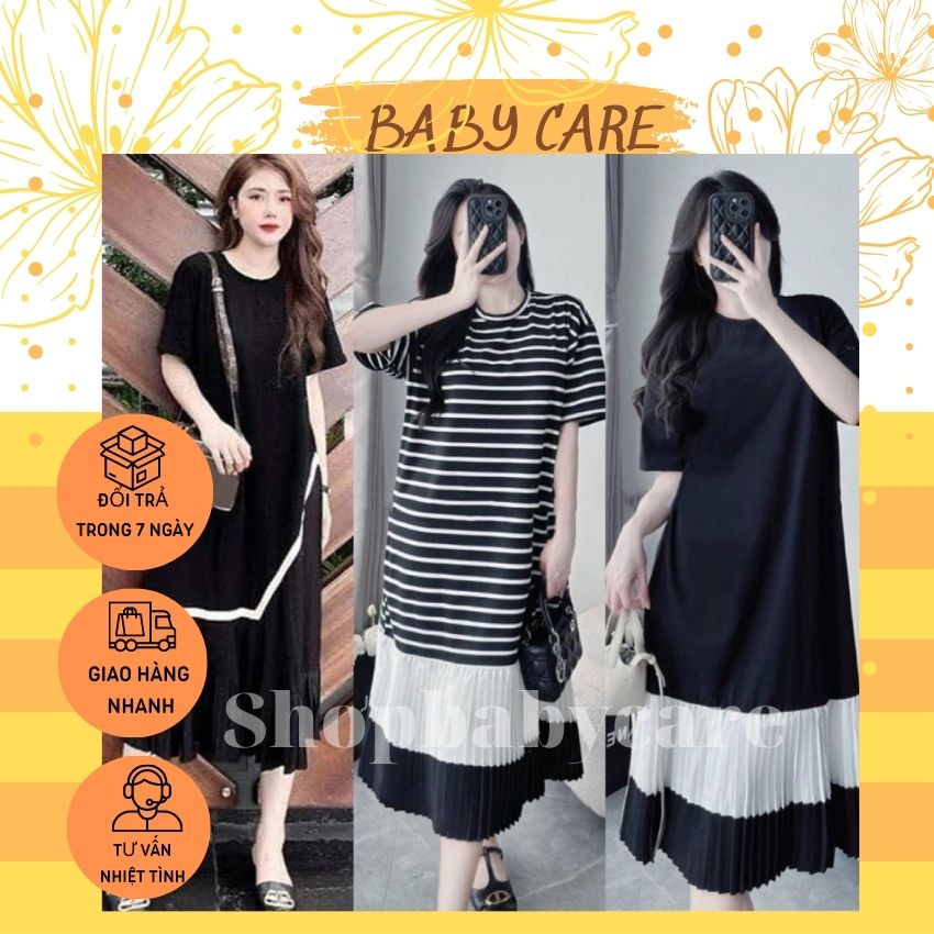 VÁY BẦU CÔNG SỞ COTTON ĐEN VIỀN TRẮNG-ĐẦM BẦU MÙA HÈ CHẤT MÁT XINH CHO MẸ BẦU