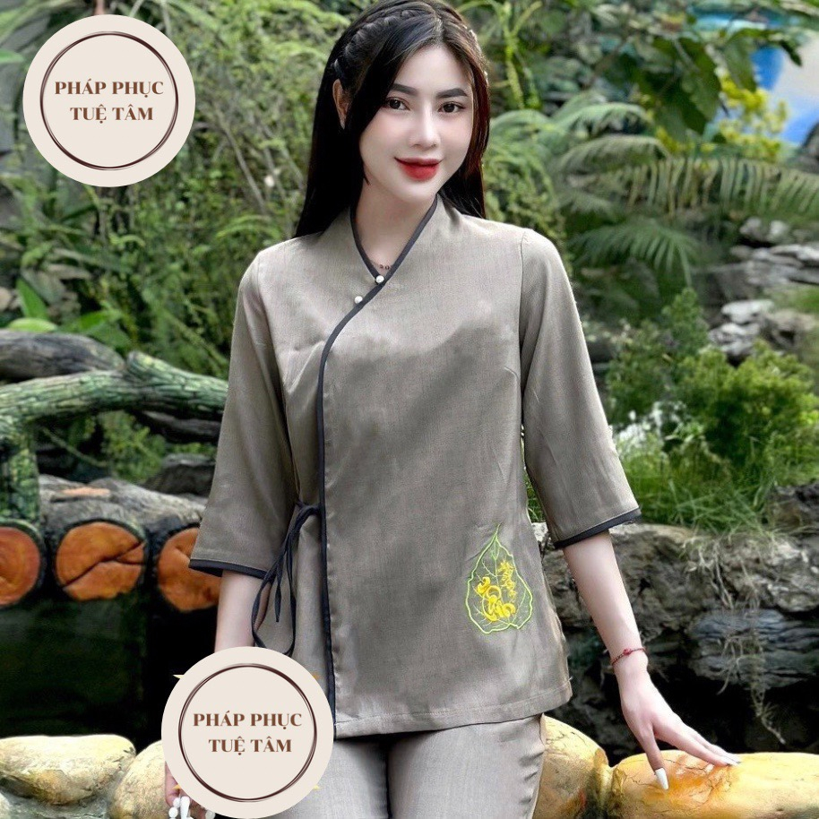 Set phật tử truyền thống lá Bồ Đề vạt chéo, bộ đồ lam đi chùa lụa linen cao cấp pháp phục đi chùa nữ thêu chữ TÂM