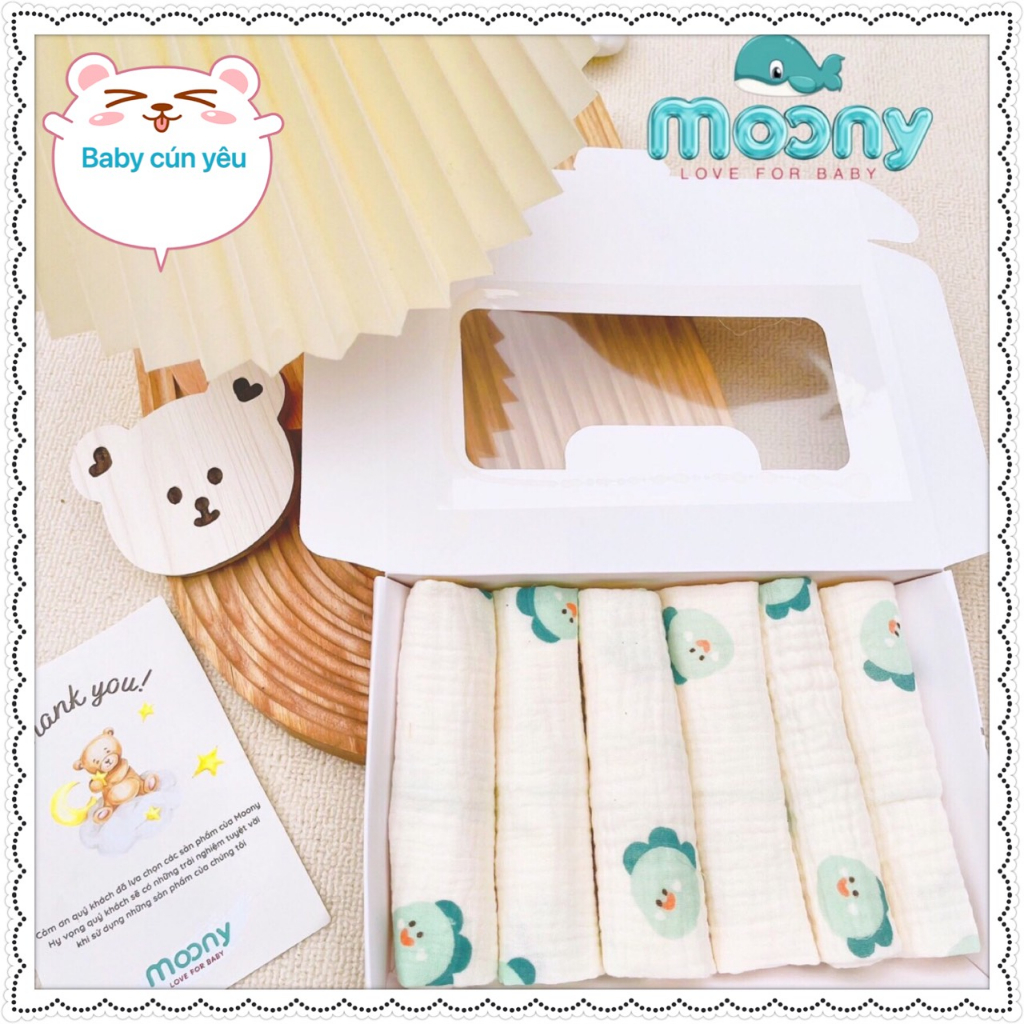 Khăn Sữa Moony, Set 6 Khăn Xô Muslin Siêu Mềm Mịn 2 Lớp Cao cấp, Rửa Mặt, Tắm Cho Bé Sơ Sinh