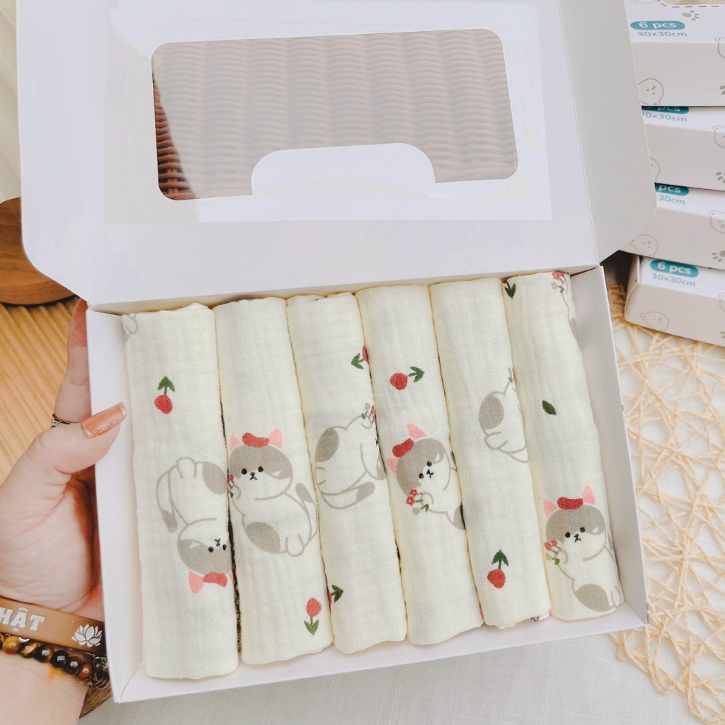 Khăn Sữa Moony, Set 6 Khăn Xô Muslin Siêu Mềm Mịn 2 Lớp Cao cấp, Rửa Mặt, Tắm Cho Bé Sơ Sinh