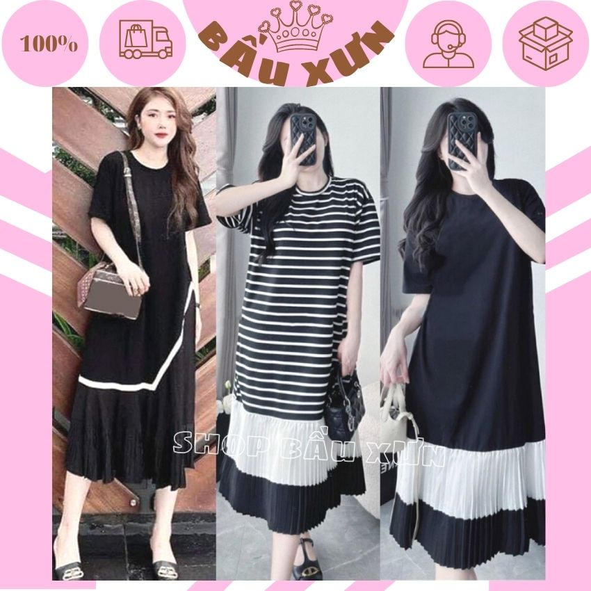 VÁY BẦU CÔNG SỞ COTTON ĐEN VIỀN TRẮNG-ĐẦM BẦU MÙA HÈ CHẤT MÁT XINH CHO MẸ BẦU