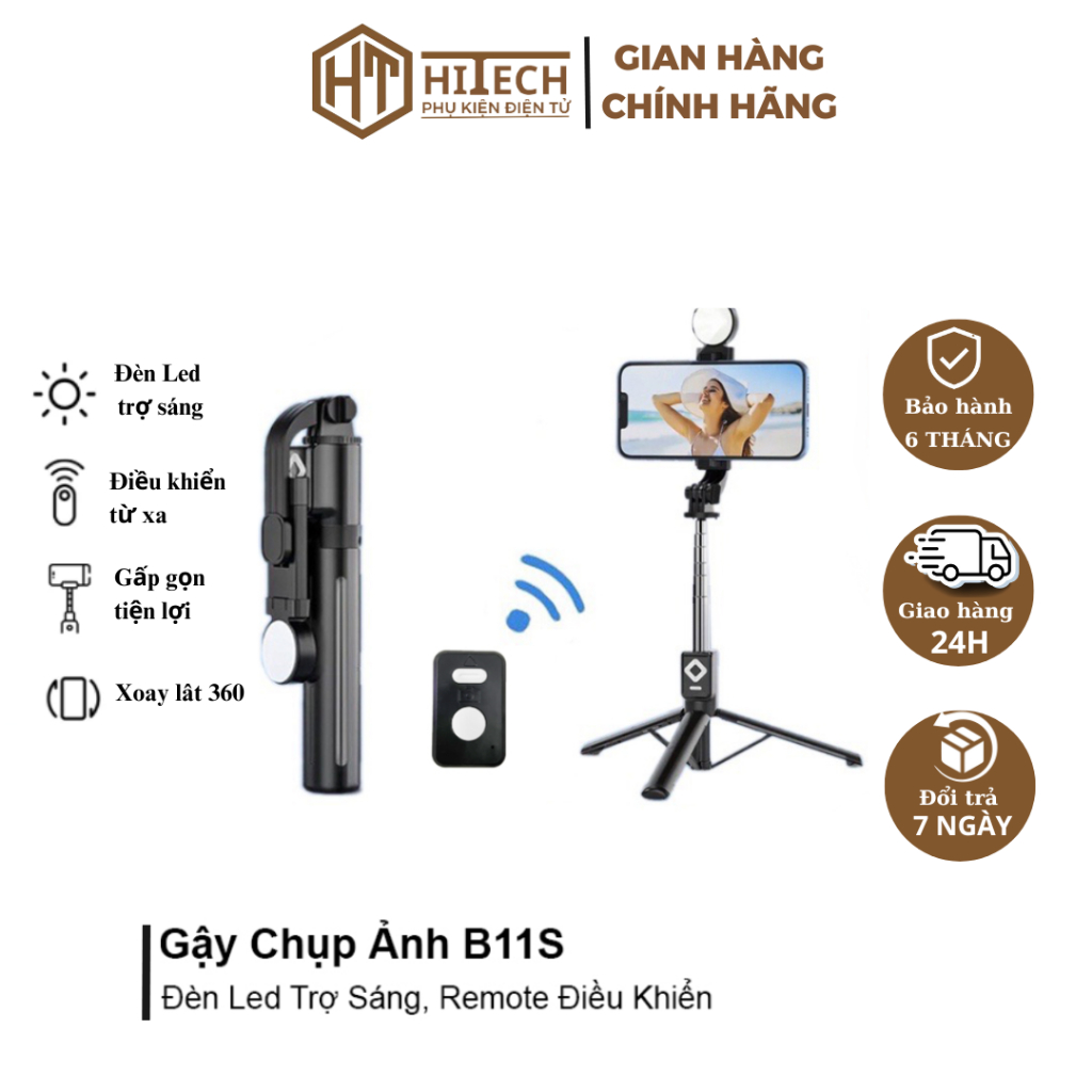 Gậy Chụp Ảnh Cao Cấp B11S, Kèm Đế Dựng Tripod, Tích Hợp Đèn Led, Điều Khiển Từ Xa - HiTech