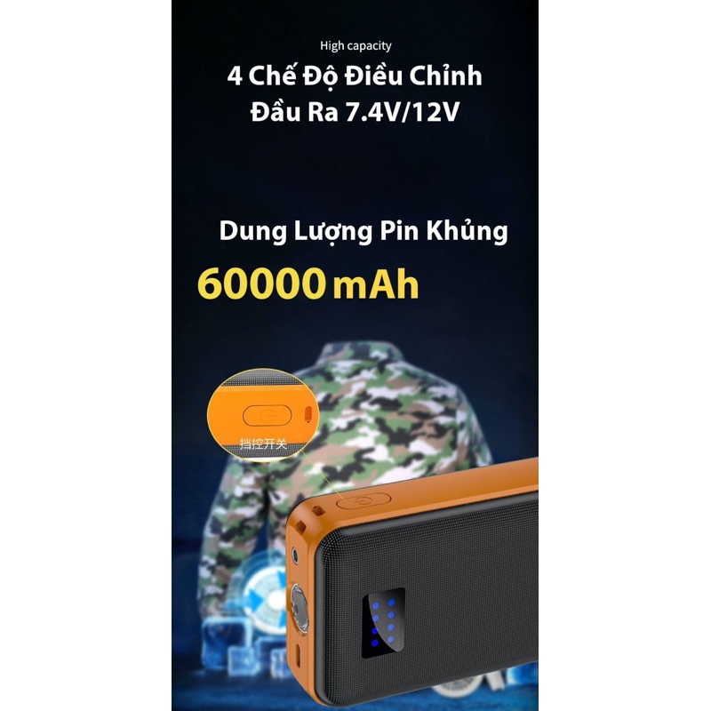Pin Khủng 60000mAh 12V + Full phụ kiên Áo Quạt Gió Điều Hòa