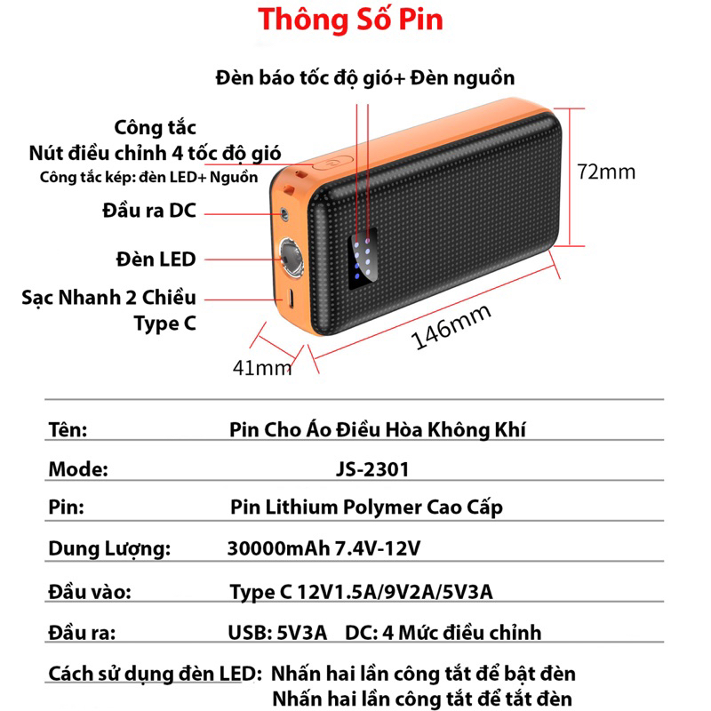 Pin Khủng 60000mAh 12V + Full phụ kiên Áo Quạt Gió Điều Hòa