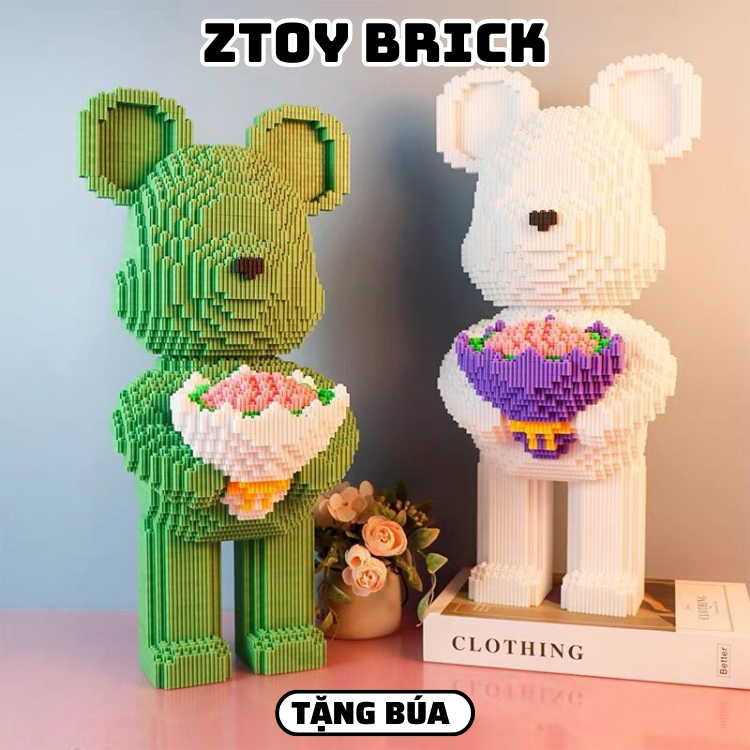 Đồ chơi lắp ráp Gấu Bearbrick Hồng ôm Hoa 48cm Mini Kèm Búa  cầm hoa Ghép Mô Hình 3D Đồ Chơi Thông Minh Cho Bé