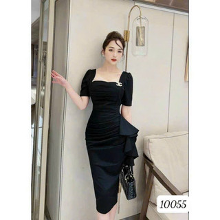 Đầm trung niên body dự tiệc cổ vuông tay lỡ phối bèo sang trọng tặng kèm phụ kiện