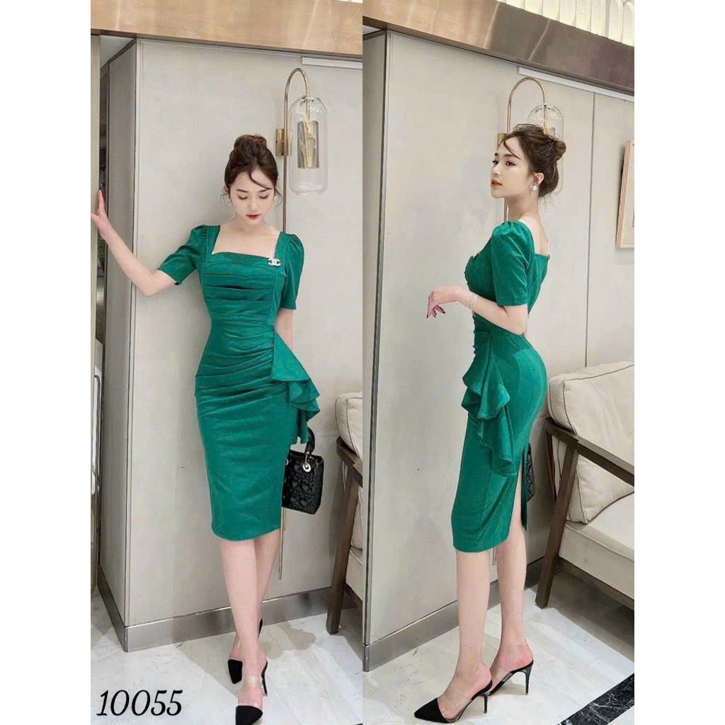 Đầm trung niên body dự tiệc cổ vuông tay lỡ phối bèo sang trọng tặng kèm phụ kiện