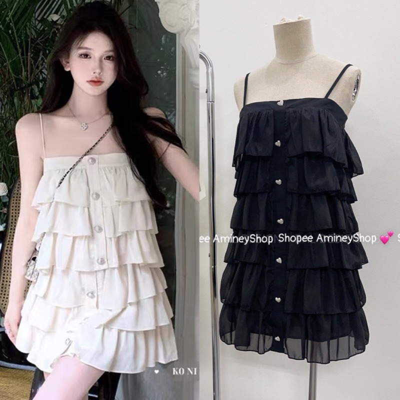 Đầm dự tiệc bánh bèo nhiều tầng ,Váy 2 dây cúc giữa 2 lớp điệu đà sang chảnh AmineyShop