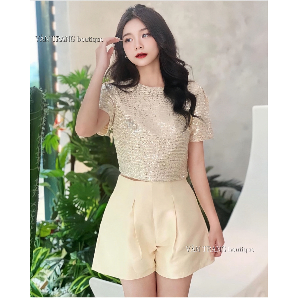 Set Áo Kim Sa Lấp Lánh Croptop Cộc Tay kèm quần Tafta