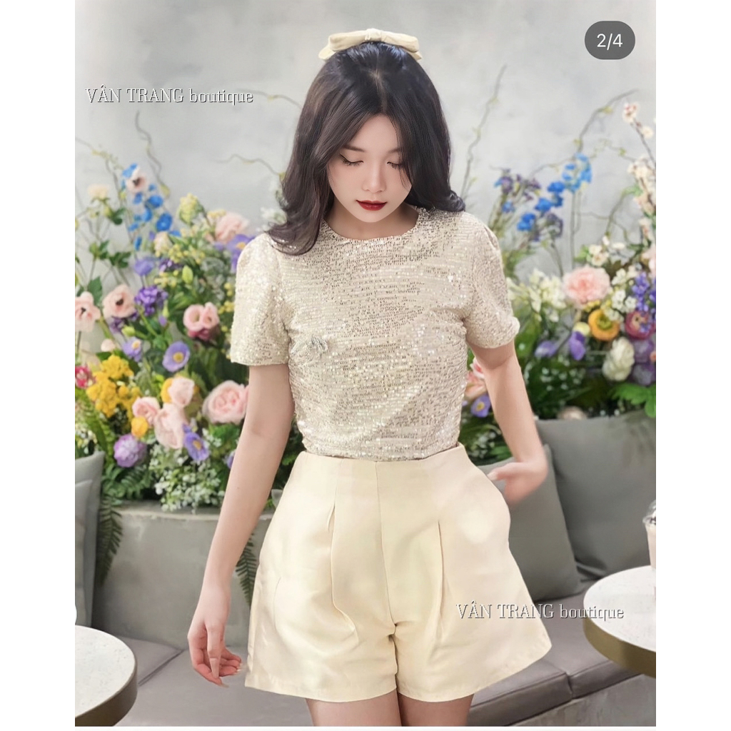 Set Áo Kim Sa Lấp Lánh Croptop Cộc Tay kèm quần Tafta