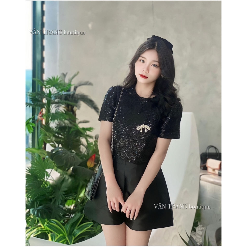 Set Áo Kim Sa Lấp Lánh Croptop Cộc Tay kèm quần Tafta